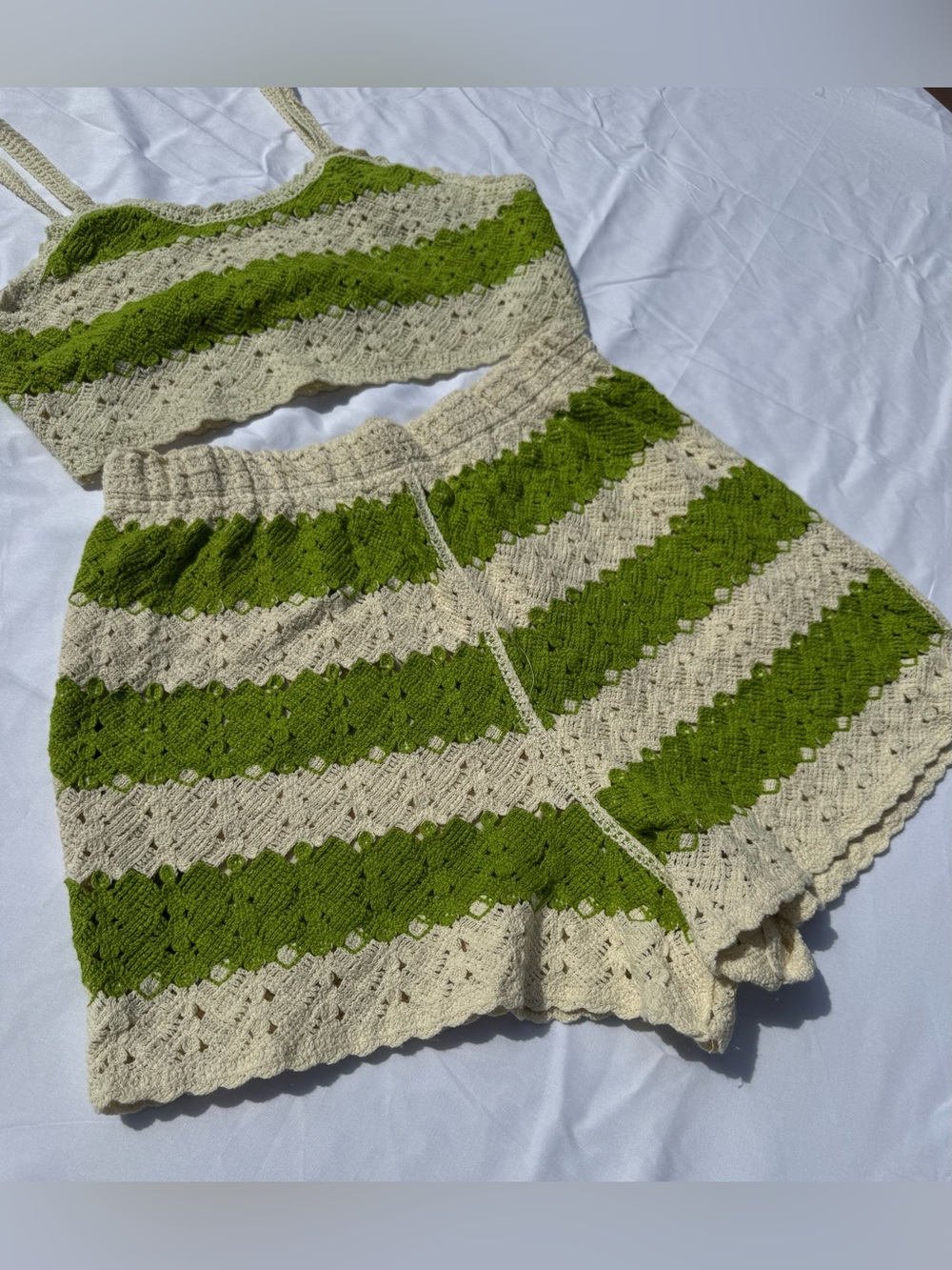 Rebellion Again M Crochet Knit Two Pc Set Green Cream Boho Festival Lounge NWOT - Picture 3 of 8